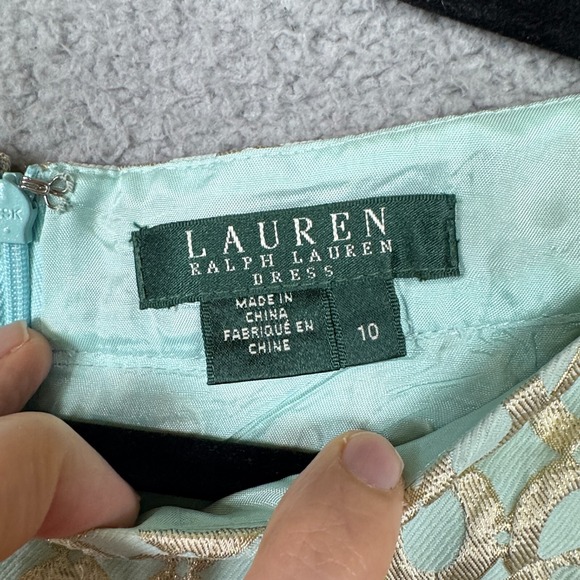 Lauren Ralph Lauren Dress Womens 10 Mint Green Gold Jacquard Brocade Party Glam - Picture 7 of 14